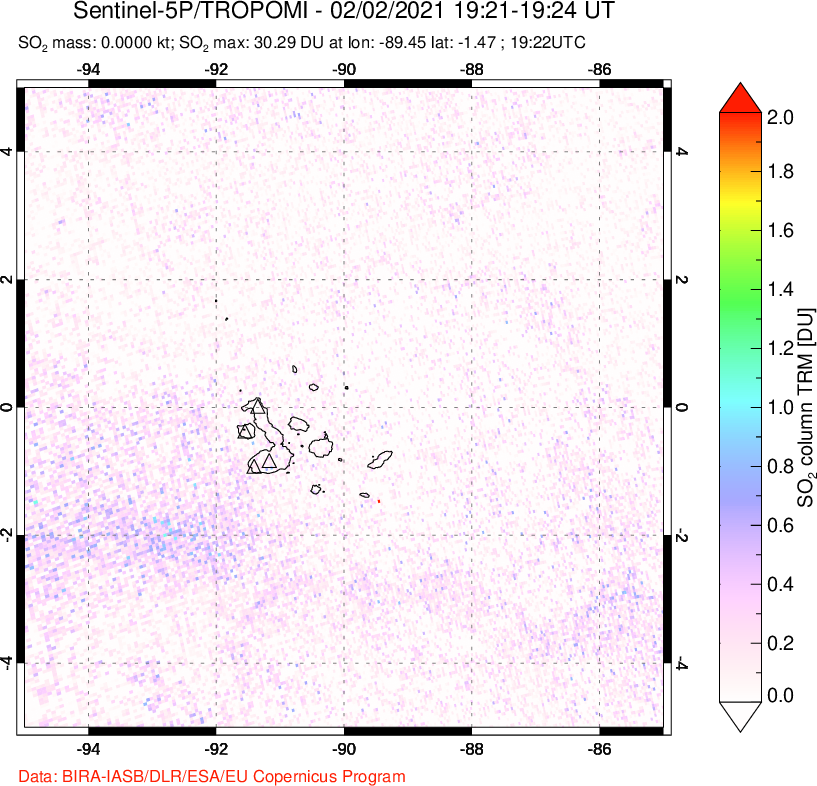 A sulfur dioxide image over Galápagos Islands on Feb 02, 2021.
