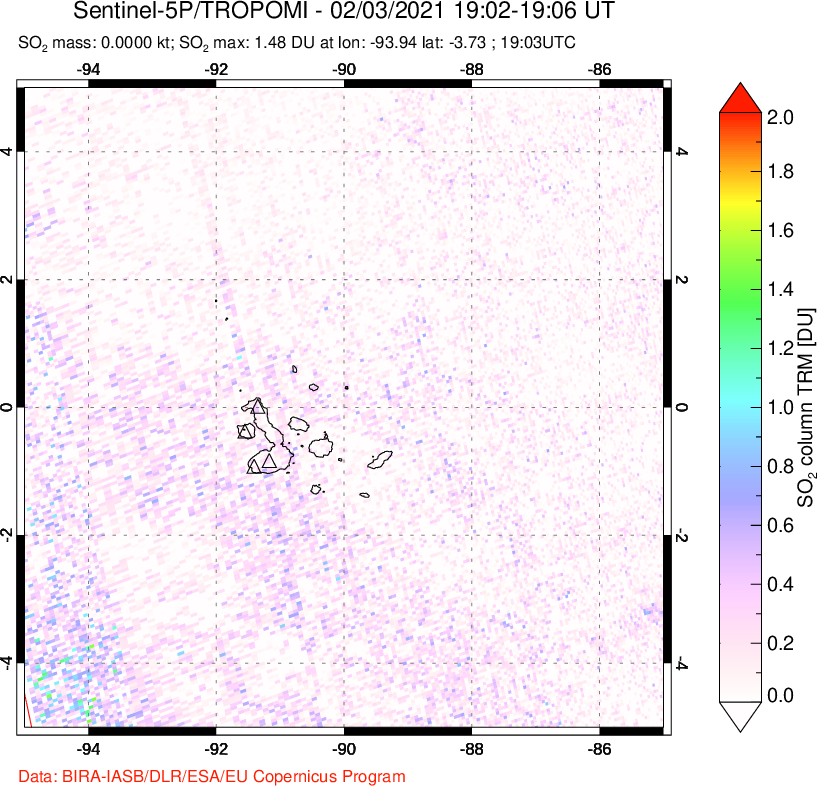 A sulfur dioxide image over Galápagos Islands on Feb 03, 2021.