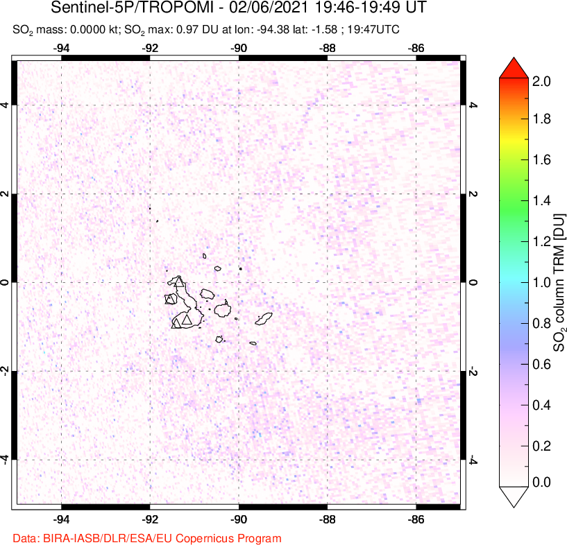 A sulfur dioxide image over Galápagos Islands on Feb 06, 2021.