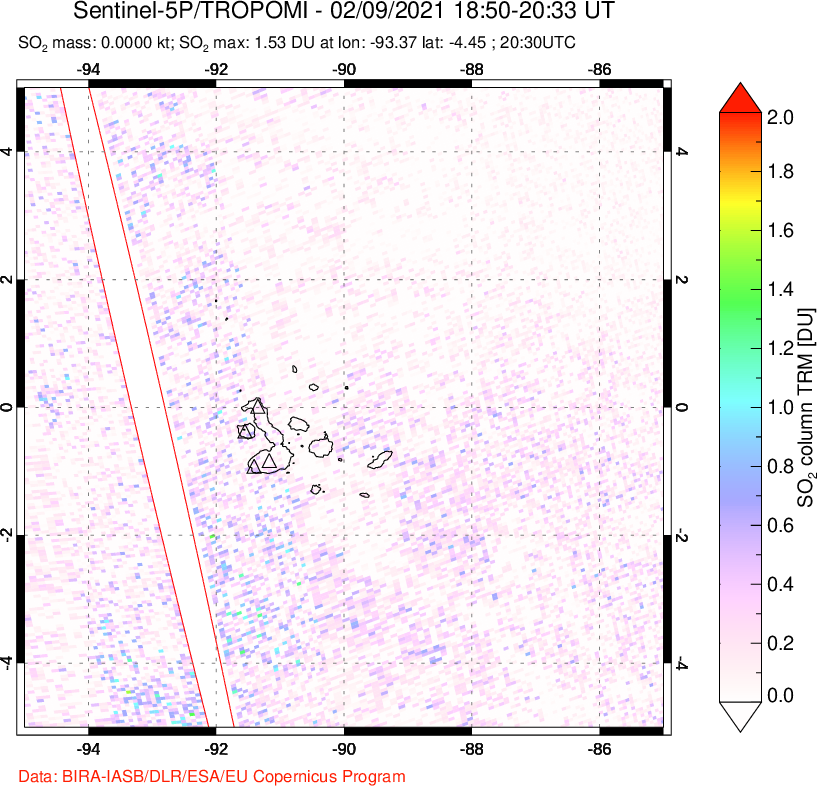 A sulfur dioxide image over Galápagos Islands on Feb 09, 2021.