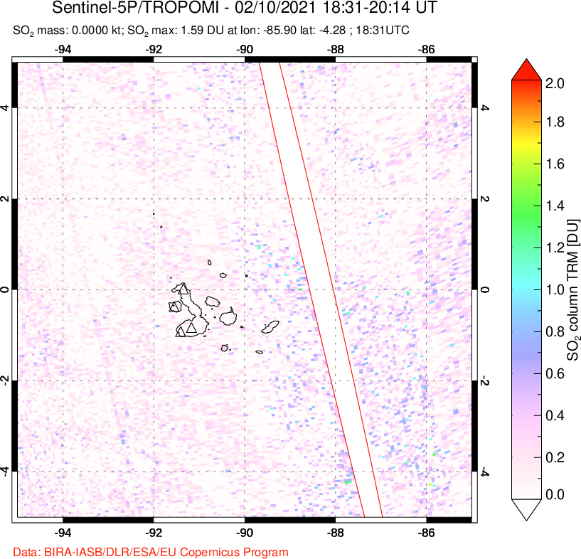 A sulfur dioxide image over Galápagos Islands on Feb 10, 2021.