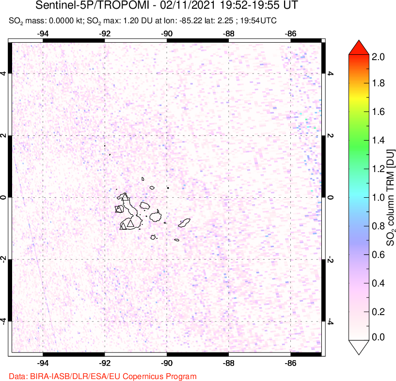 A sulfur dioxide image over Galápagos Islands on Feb 11, 2021.