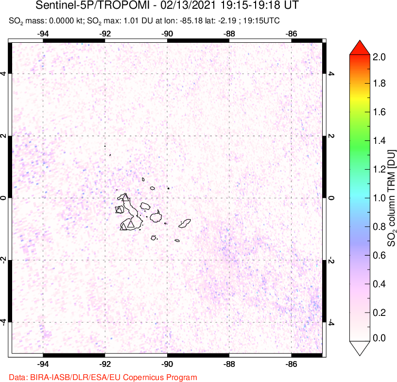 A sulfur dioxide image over Galápagos Islands on Feb 13, 2021.