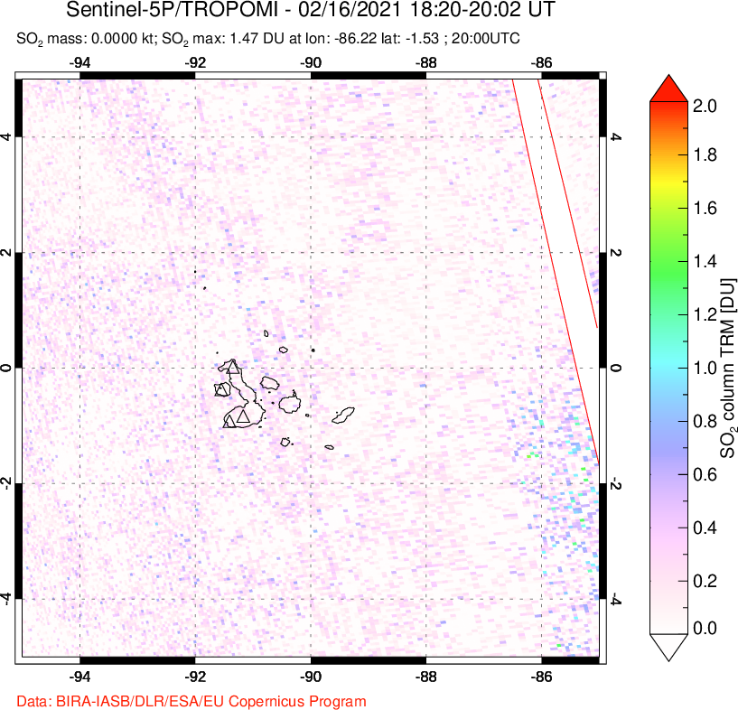 A sulfur dioxide image over Galápagos Islands on Feb 16, 2021.
