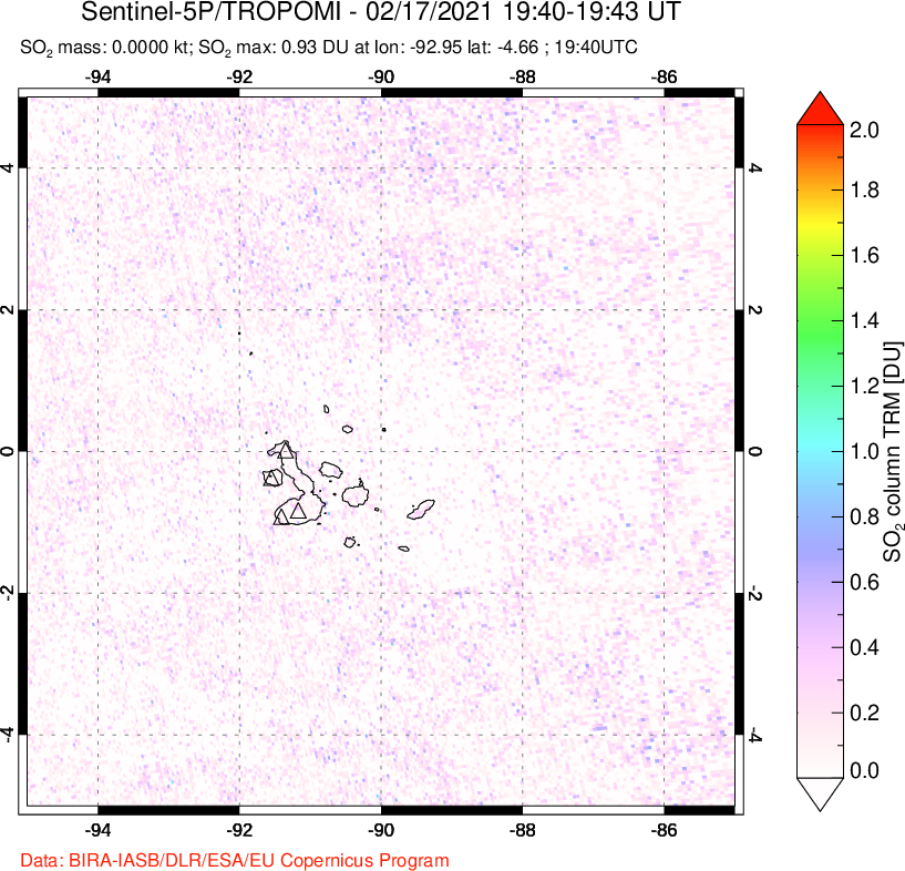 A sulfur dioxide image over Galápagos Islands on Feb 17, 2021.