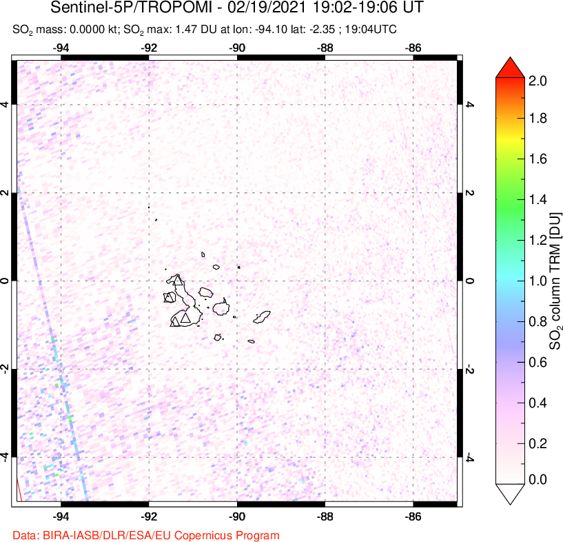 A sulfur dioxide image over Galápagos Islands on Feb 19, 2021.