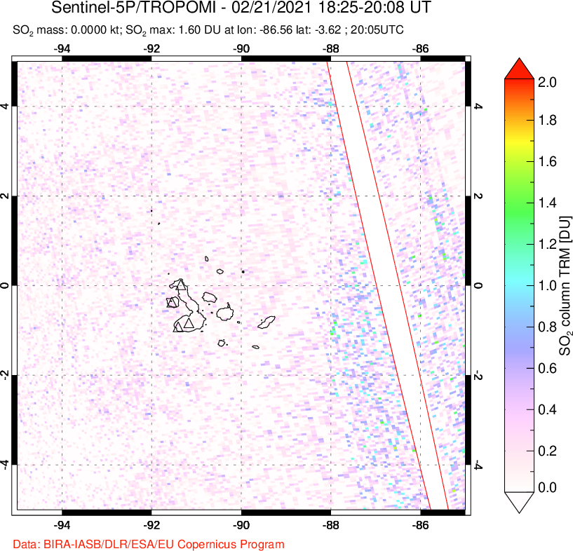 A sulfur dioxide image over Galápagos Islands on Feb 21, 2021.