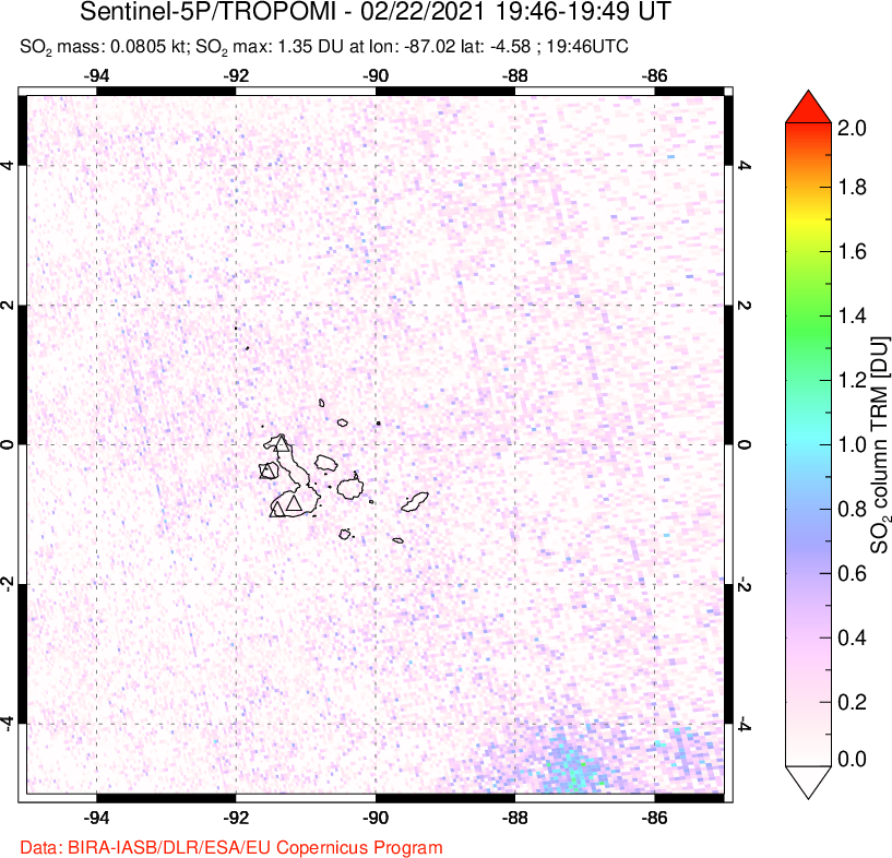 A sulfur dioxide image over Galápagos Islands on Feb 22, 2021.