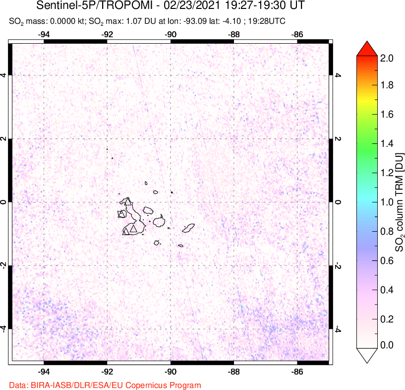 A sulfur dioxide image over Galápagos Islands on Feb 23, 2021.