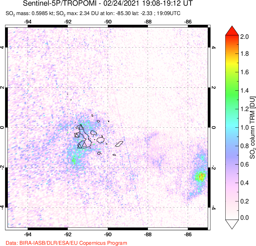 A sulfur dioxide image over Galápagos Islands on Feb 24, 2021.