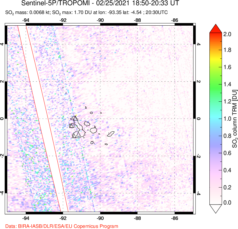 A sulfur dioxide image over Galápagos Islands on Feb 25, 2021.