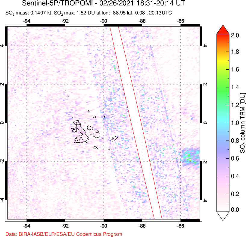 A sulfur dioxide image over Galápagos Islands on Feb 26, 2021.