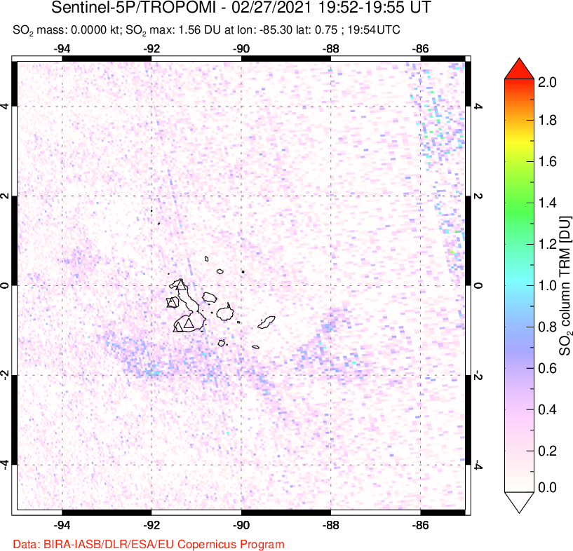 A sulfur dioxide image over Galápagos Islands on Feb 27, 2021.