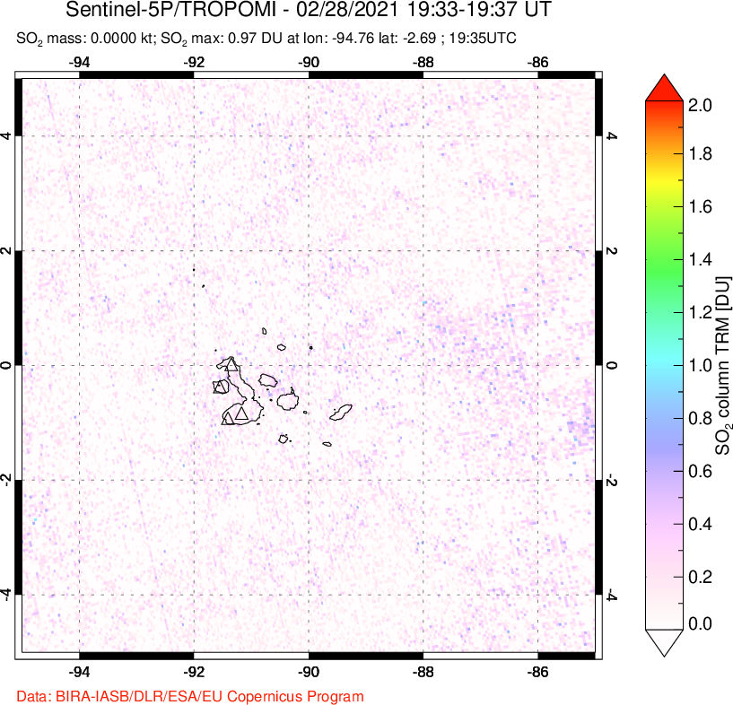 A sulfur dioxide image over Galápagos Islands on Feb 28, 2021.