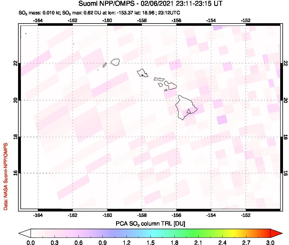 A sulfur dioxide image over Hawaii, USA on Feb 06, 2021.
