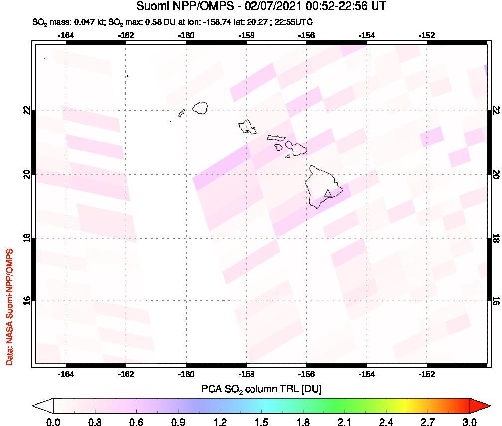 A sulfur dioxide image over Hawaii, USA on Feb 07, 2021.