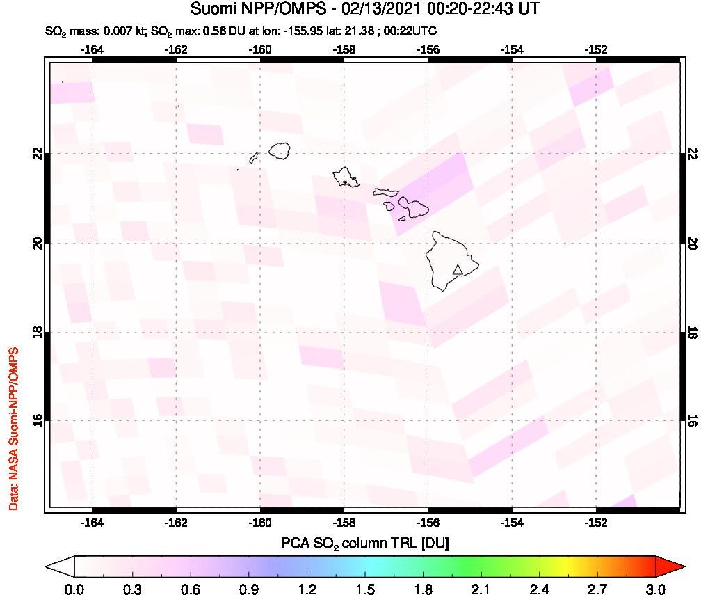 A sulfur dioxide image over Hawaii, USA on Feb 13, 2021.