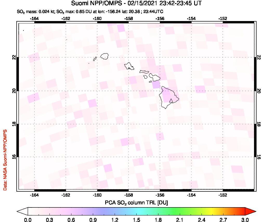 A sulfur dioxide image over Hawaii, USA on Feb 15, 2021.