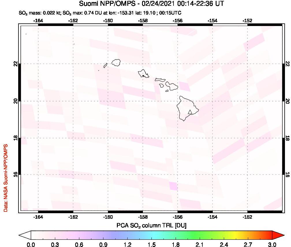 A sulfur dioxide image over Hawaii, USA on Feb 24, 2021.
