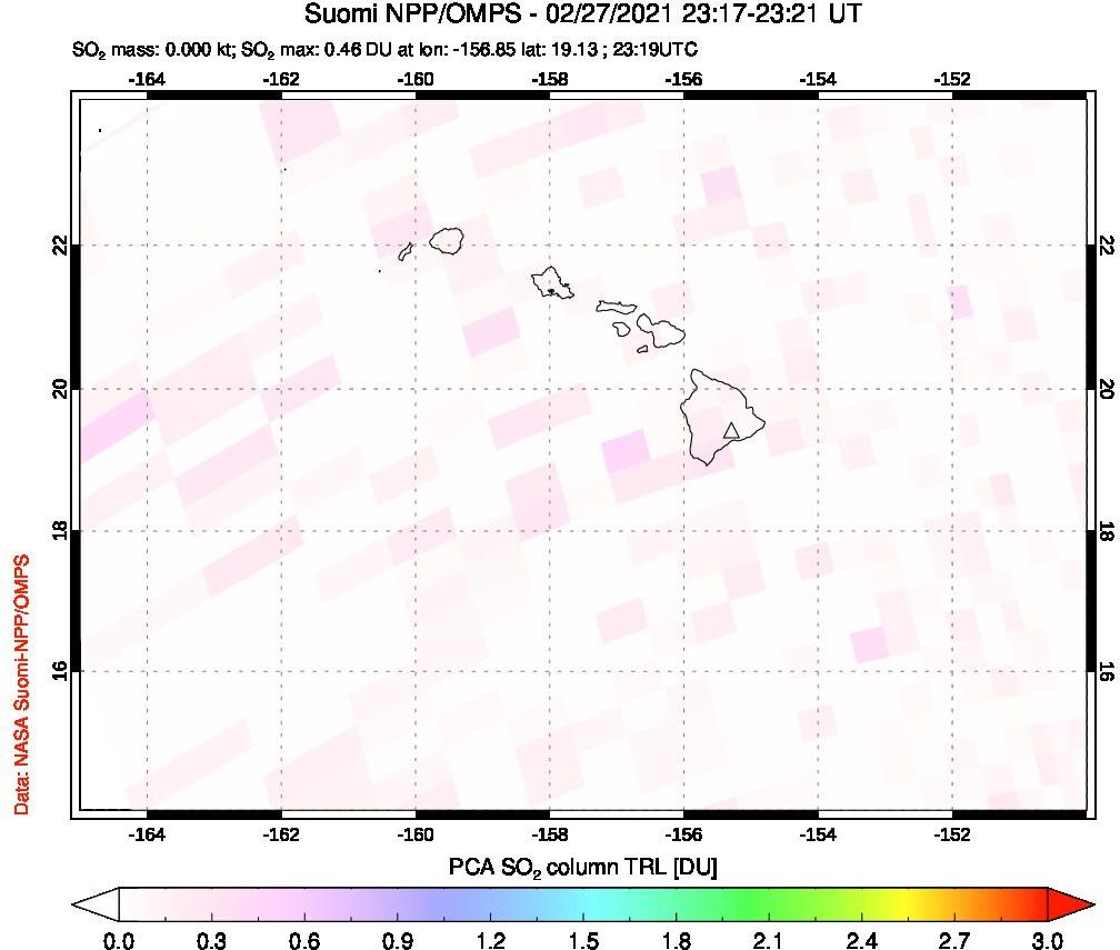 A sulfur dioxide image over Hawaii, USA on Feb 27, 2021.