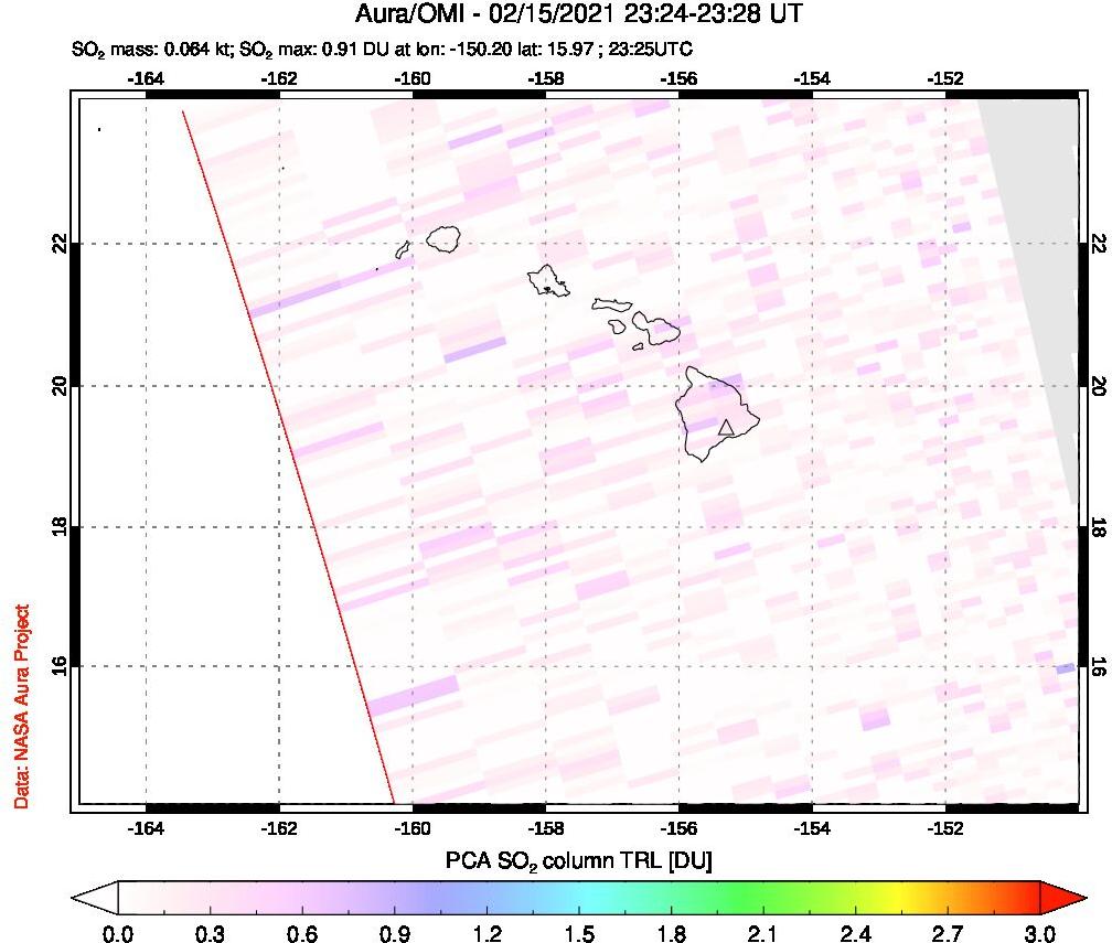 A sulfur dioxide image over Hawaii, USA on Feb 15, 2021.