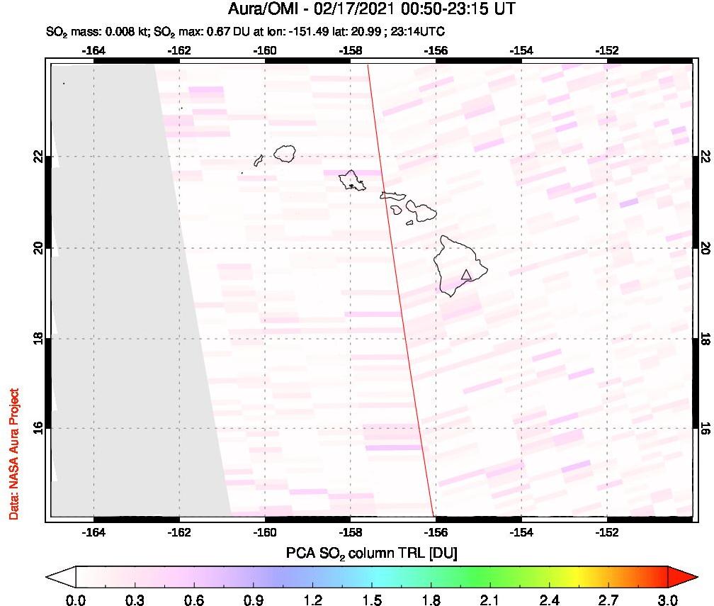 A sulfur dioxide image over Hawaii, USA on Feb 17, 2021.