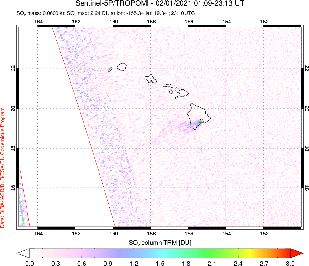 A sulfur dioxide image over Hawaii, USA on Feb 01, 2021.