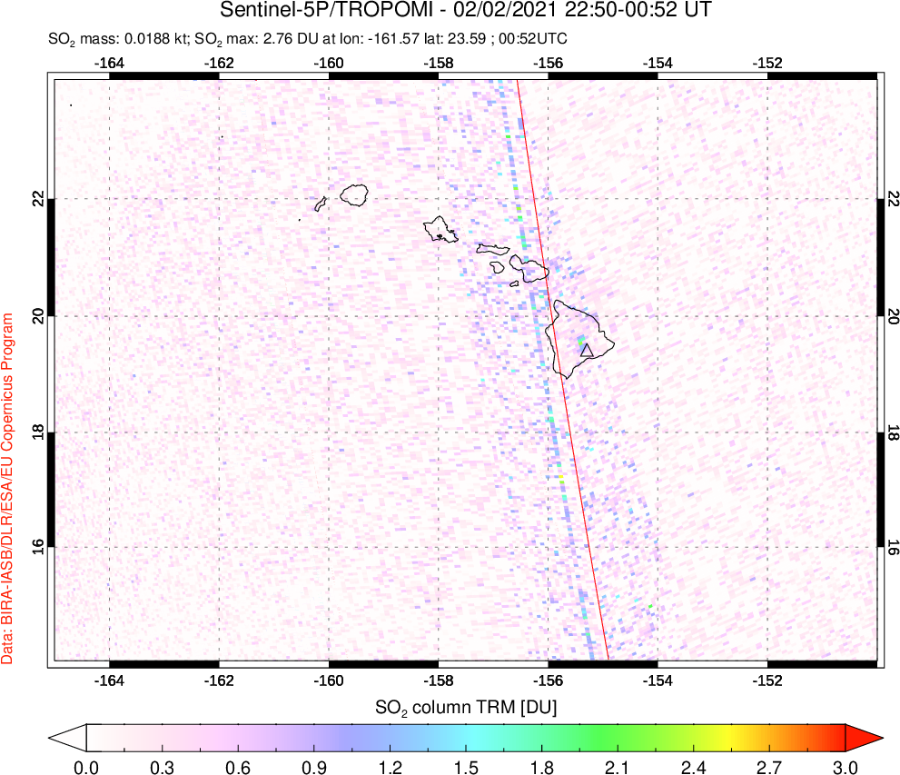 A sulfur dioxide image over Hawaii, USA on Feb 02, 2021.