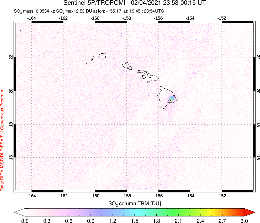 A sulfur dioxide image over Hawaii, USA on Feb 04, 2021.