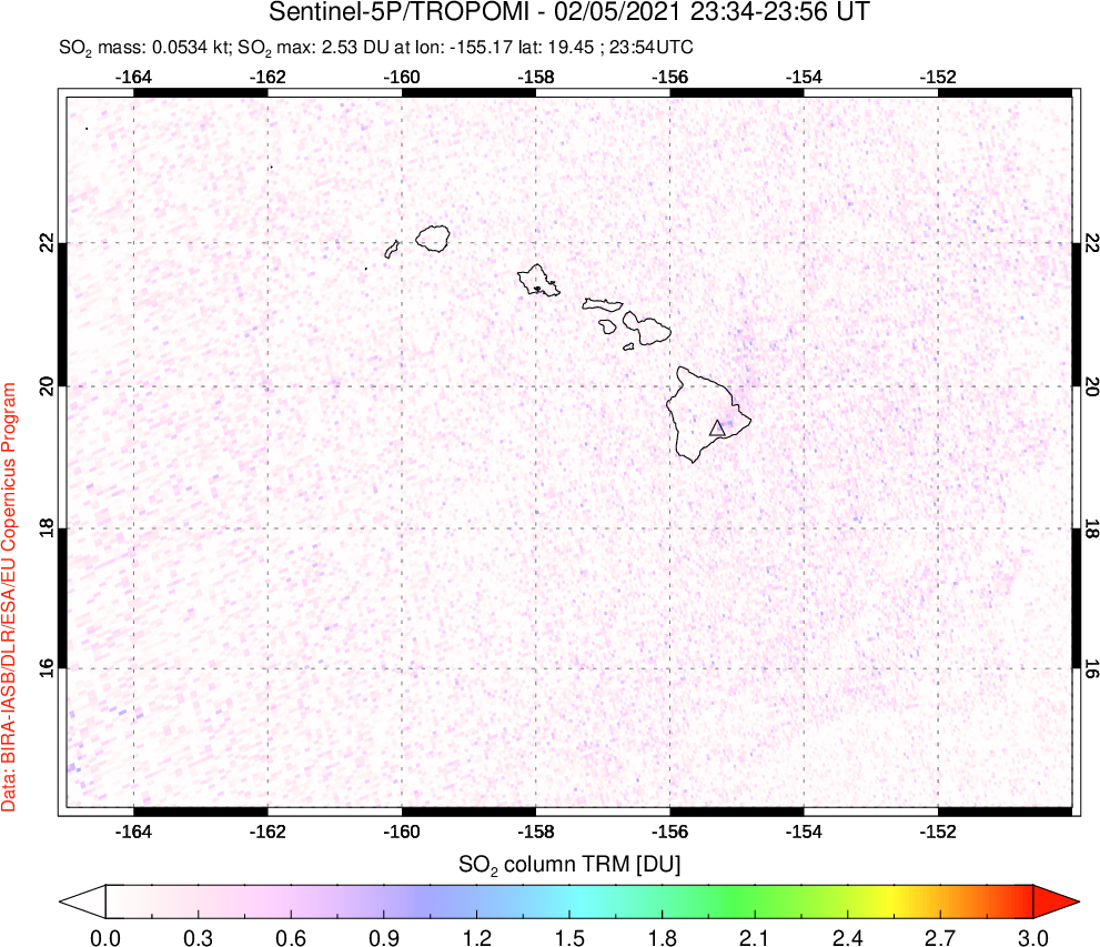 A sulfur dioxide image over Hawaii, USA on Feb 05, 2021.