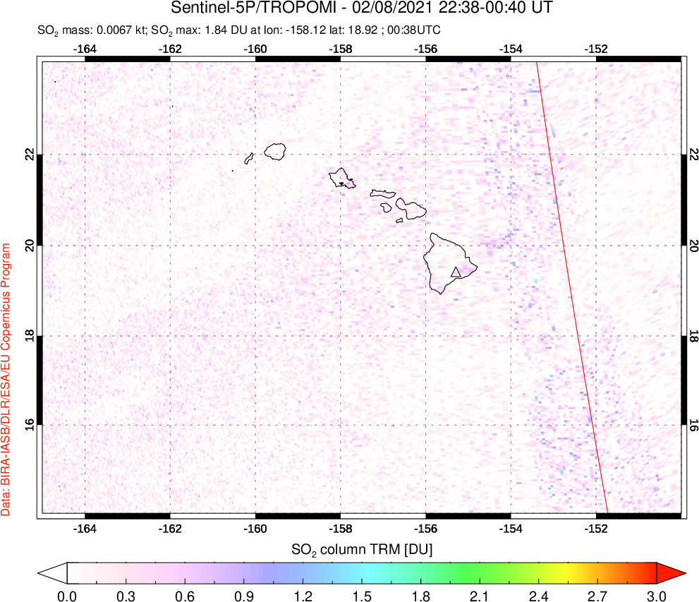 A sulfur dioxide image over Hawaii, USA on Feb 08, 2021.