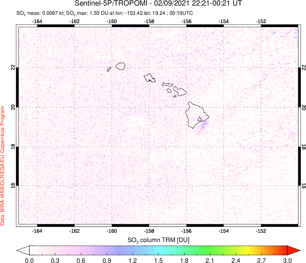 A sulfur dioxide image over Hawaii, USA on Feb 09, 2021.