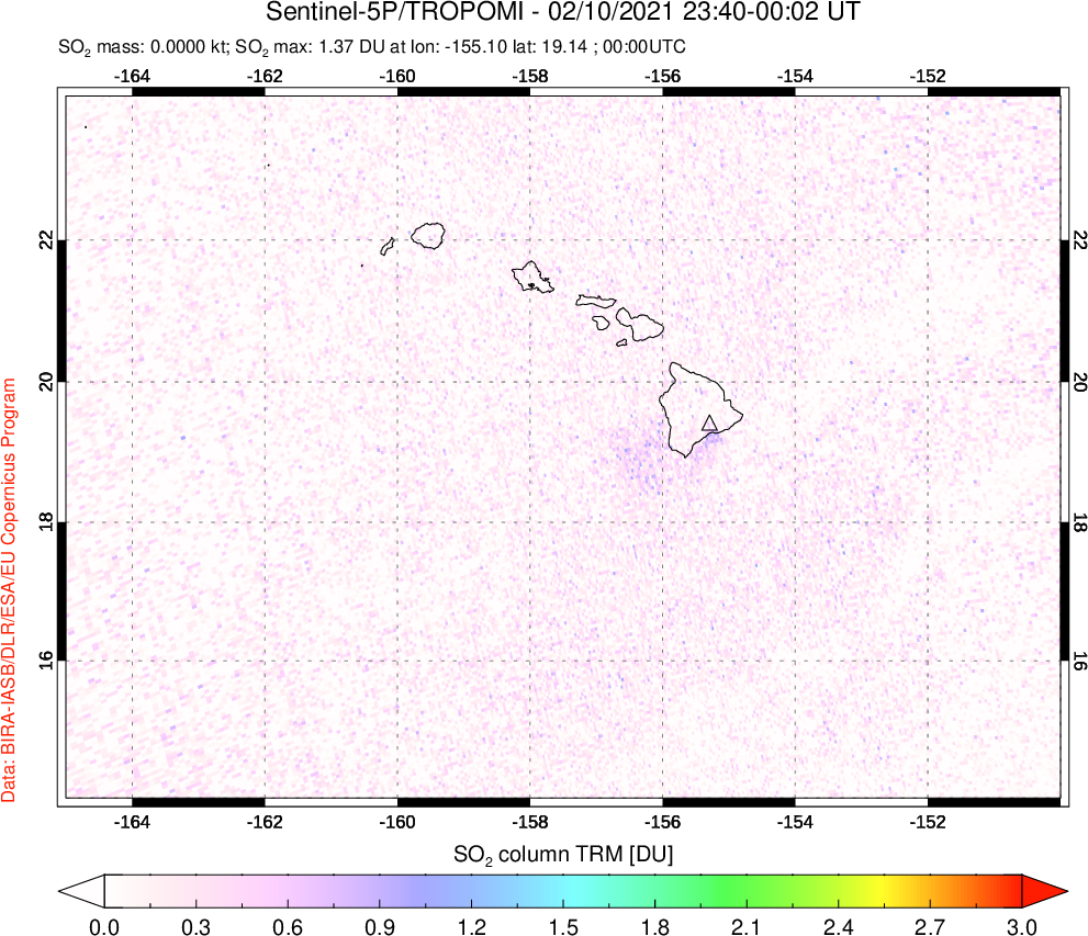 A sulfur dioxide image over Hawaii, USA on Feb 10, 2021.