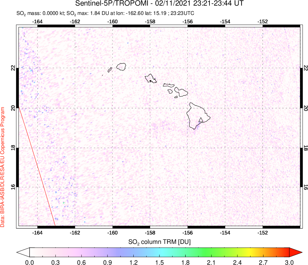 A sulfur dioxide image over Hawaii, USA on Feb 11, 2021.