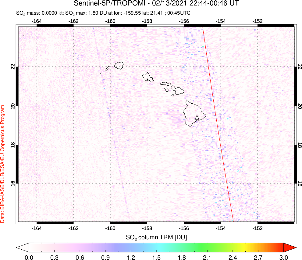 A sulfur dioxide image over Hawaii, USA on Feb 13, 2021.