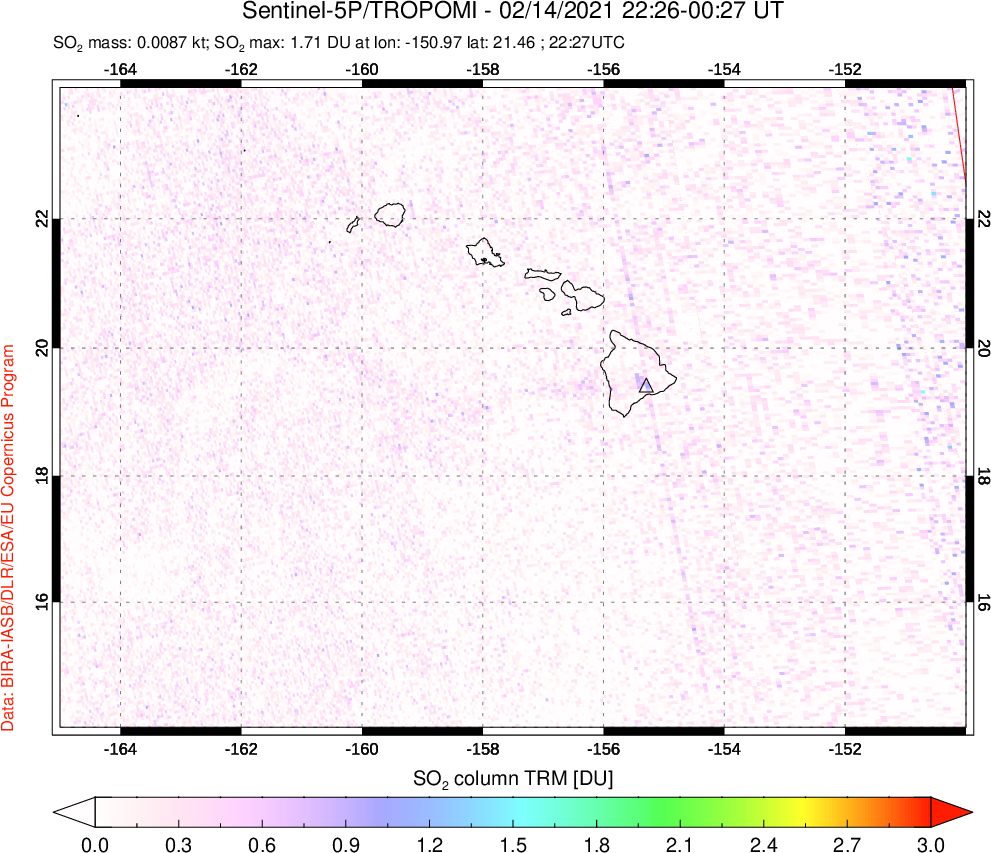 A sulfur dioxide image over Hawaii, USA on Feb 14, 2021.