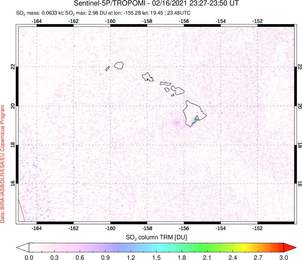 A sulfur dioxide image over Hawaii, USA on Feb 16, 2021.