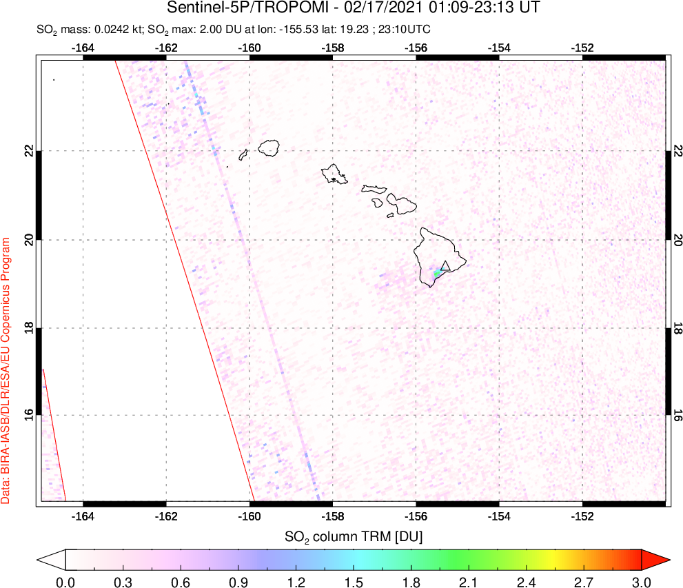 A sulfur dioxide image over Hawaii, USA on Feb 17, 2021.