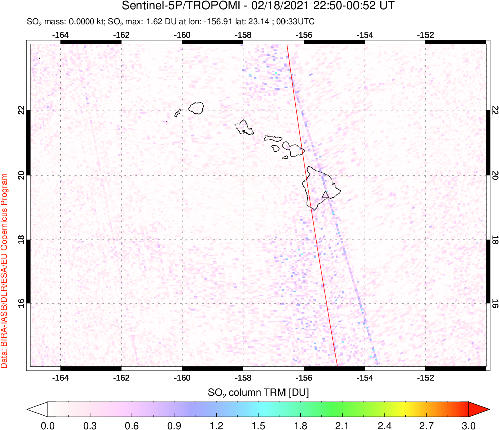 A sulfur dioxide image over Hawaii, USA on Feb 18, 2021.