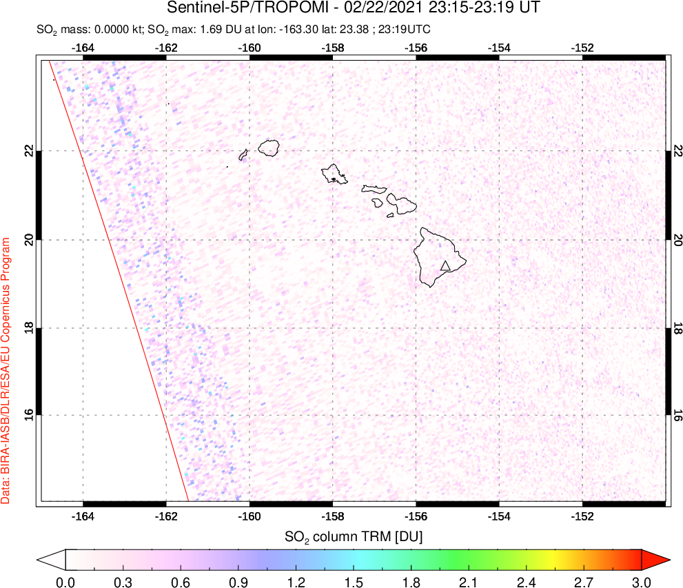 A sulfur dioxide image over Hawaii, USA on Feb 22, 2021.
