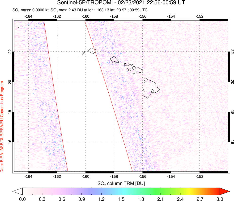 A sulfur dioxide image over Hawaii, USA on Feb 23, 2021.