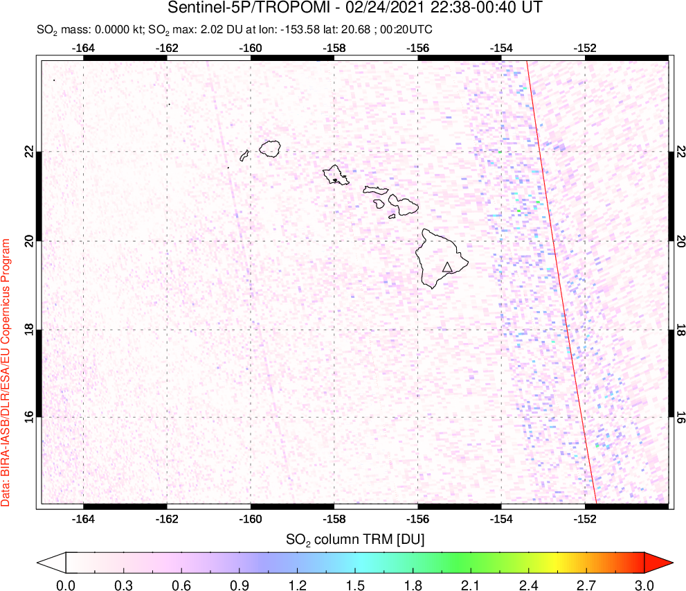 A sulfur dioxide image over Hawaii, USA on Feb 24, 2021.