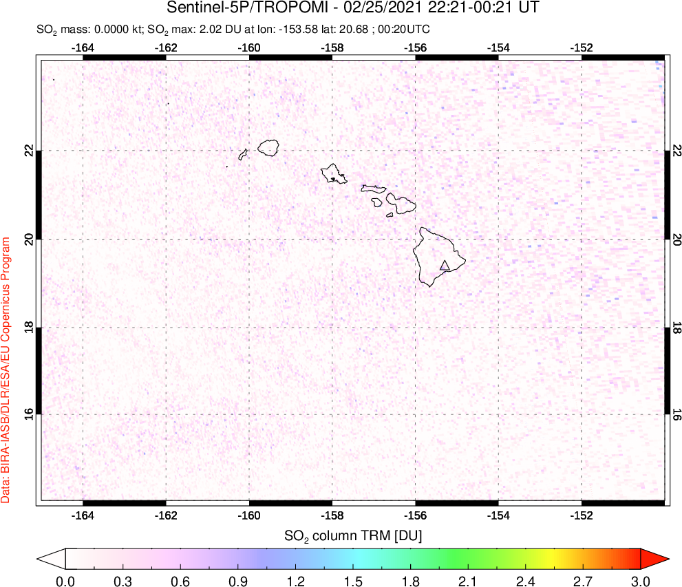 A sulfur dioxide image over Hawaii, USA on Feb 25, 2021.