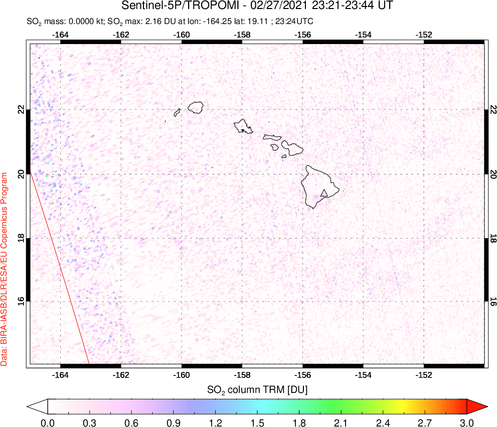 A sulfur dioxide image over Hawaii, USA on Feb 27, 2021.