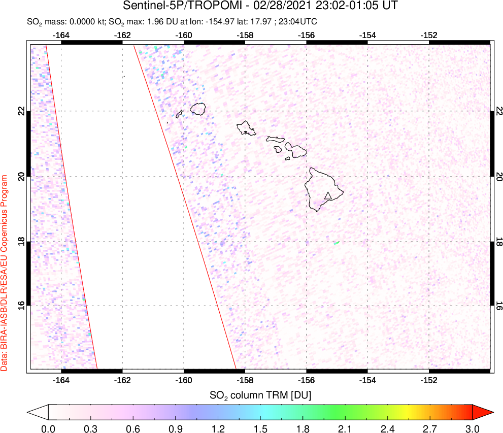 A sulfur dioxide image over Hawaii, USA on Feb 28, 2021.