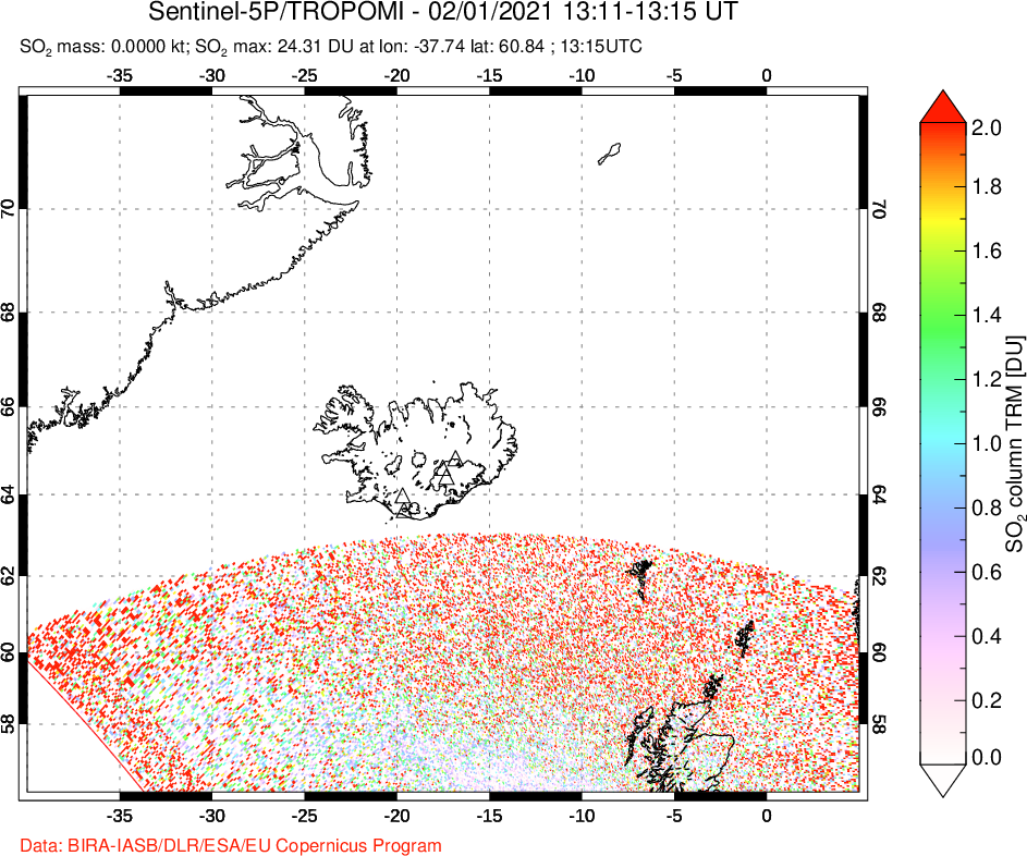 A sulfur dioxide image over Iceland on Feb 01, 2021.