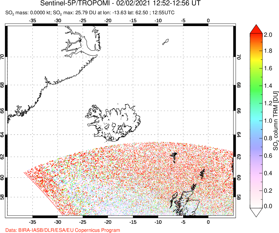 A sulfur dioxide image over Iceland on Feb 02, 2021.