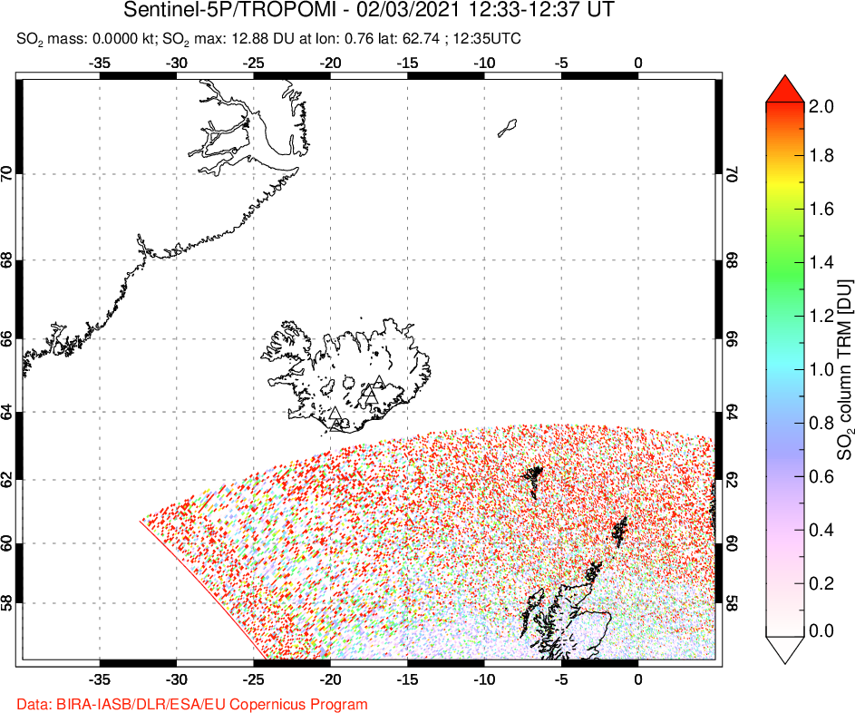 A sulfur dioxide image over Iceland on Feb 03, 2021.