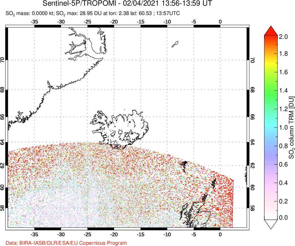 A sulfur dioxide image over Iceland on Feb 04, 2021.