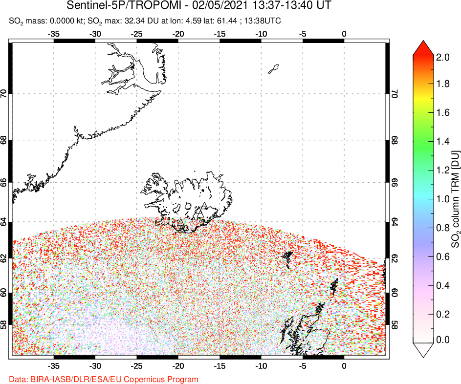 A sulfur dioxide image over Iceland on Feb 05, 2021.